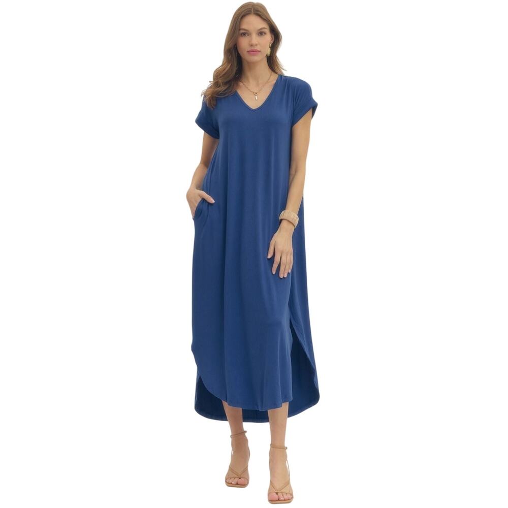Entro Royal Blue Maxi Dress V Neck Jersey Knit Pockets NWT Small